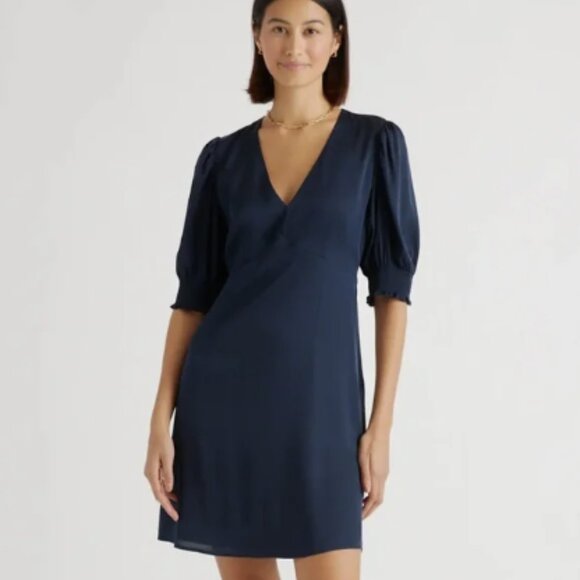 Quince Dresses & Skirts - Quince Navy Blue Washable Silk V-neck Puff Short Sleeve Mini Dress S